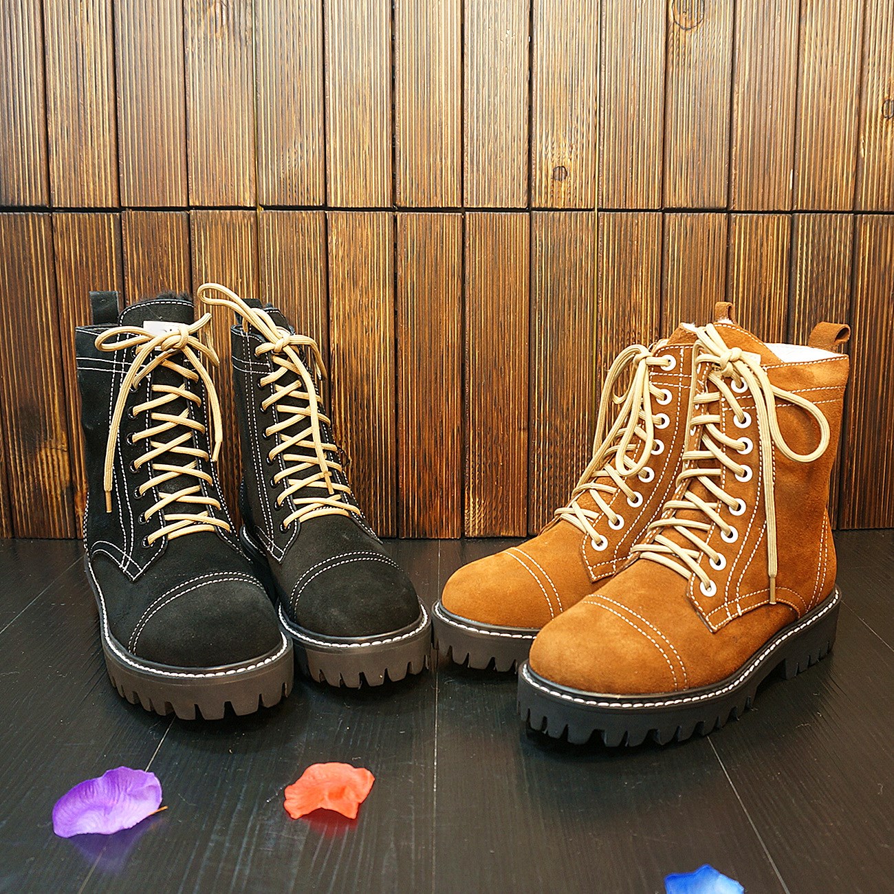 新款橡胶底防滑牛皮羊毛马丁靴