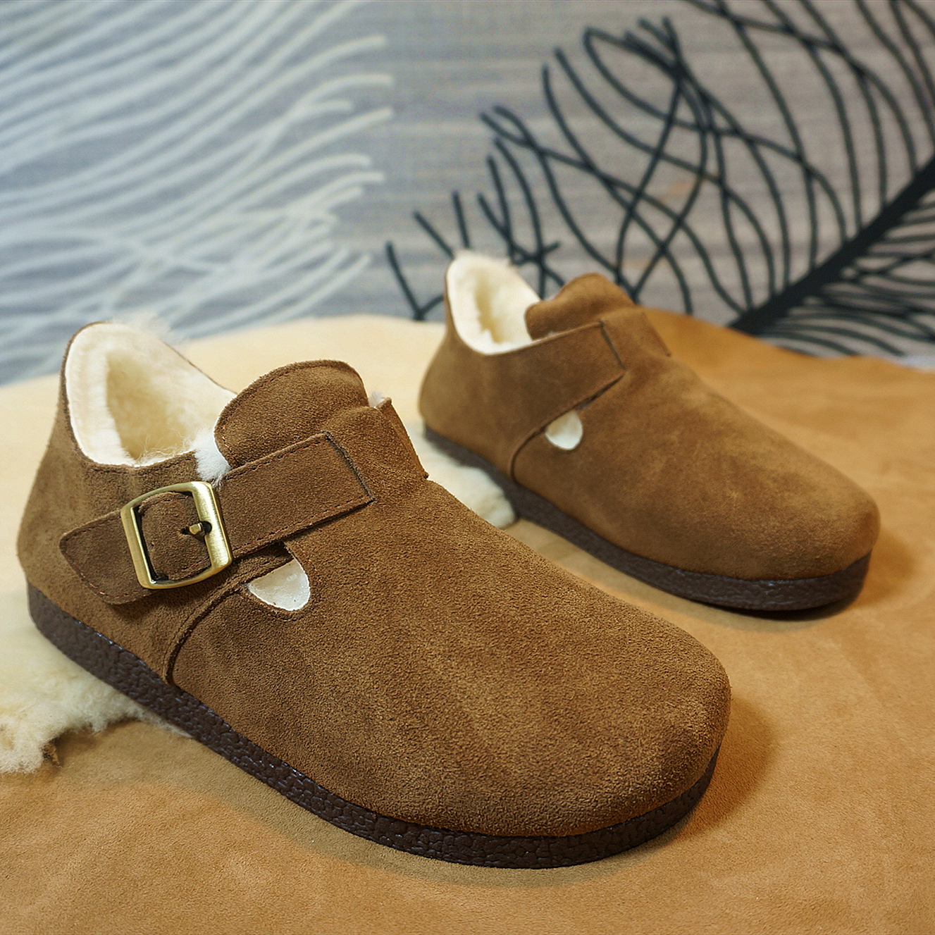 真皮羊毛秋冬款勃肯懒人鞋