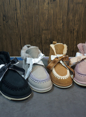 新款真皮羊皮毛一体女士雪地靴 丝带平跟橡胶底冬季保暖棉靴33-25