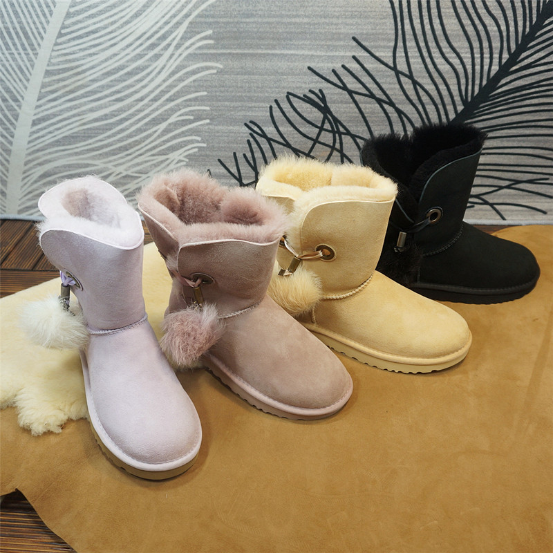 中筒靴  真皮羊皮毛一体女士雪地靴冬季保暖棉靴毛球套筒86-2