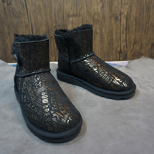 新款真皮羊皮毛一体短筒雪地靴 女士一粒扣经典保暖棉靴平跟28-14