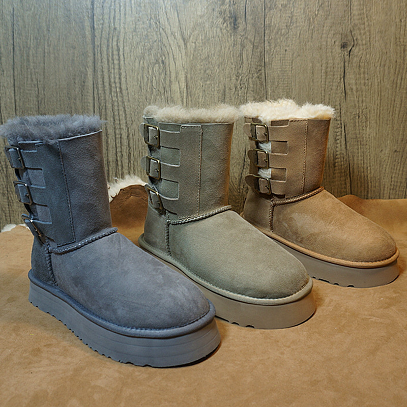 冬季新款真皮羊皮毛一体雪地靴 中筒靴 皮带扣厚底保暖女棉靴3-9