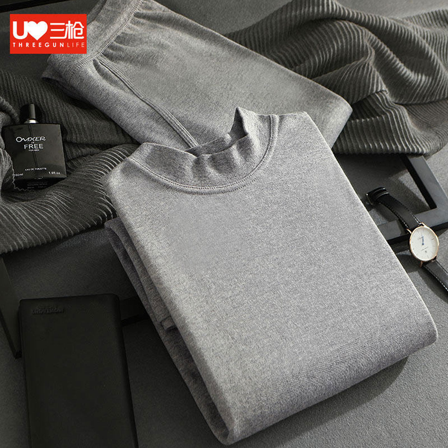 三枪内衣中领纯棉加厚老人保暖内衣套装中老年半高领男秋衣秋裤