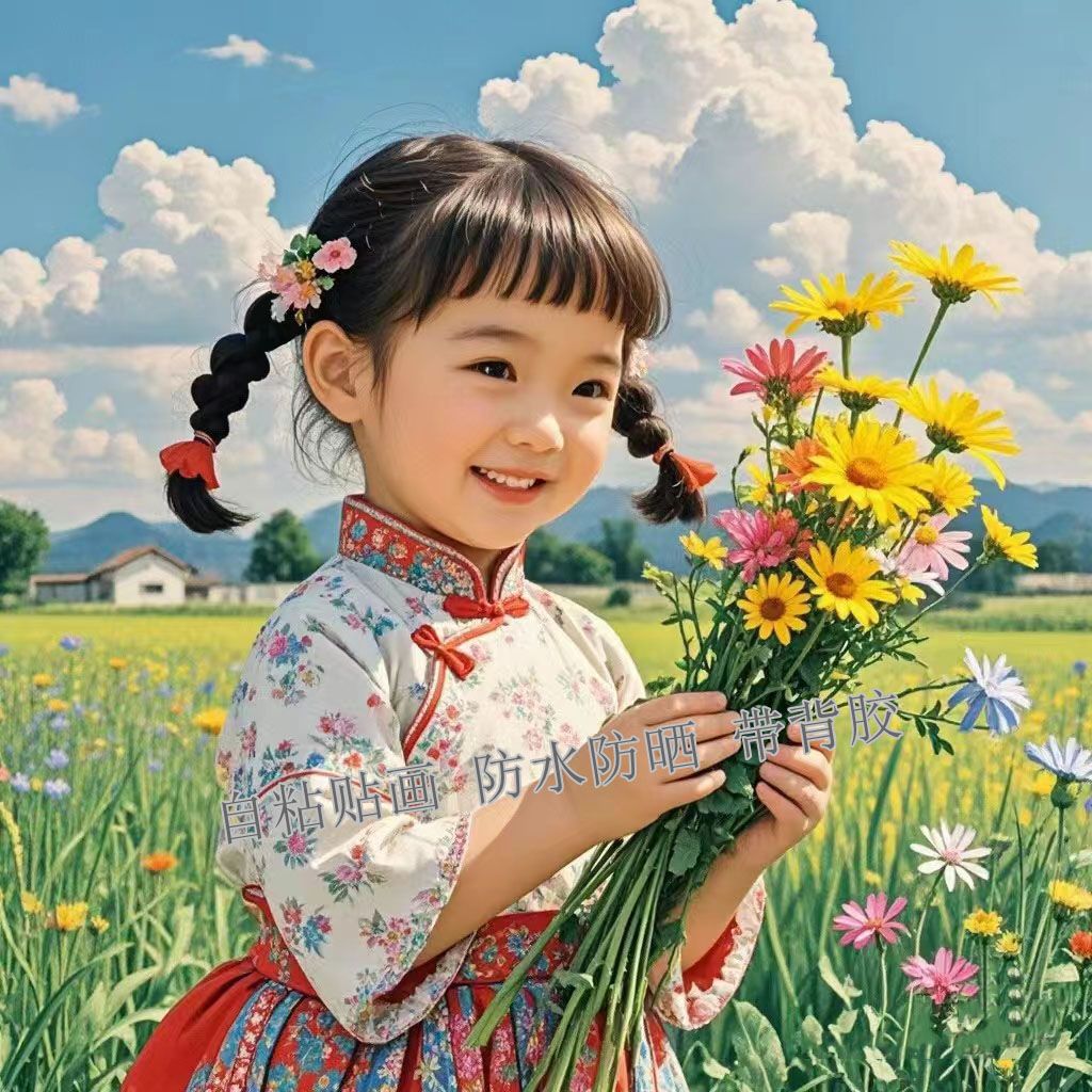 治愈可爱小姑娘采花画宿舍寝室儿童房间海报餐厅卫生间不干胶贴纸