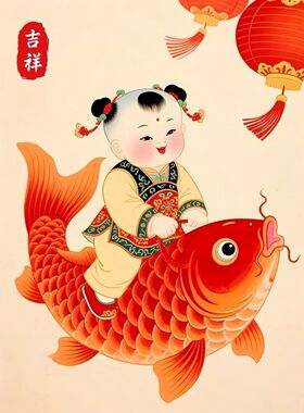 吉祥如意中式年画娃娃锦鲤福娃贴画客厅玄关装饰画自粘不干胶贴纸