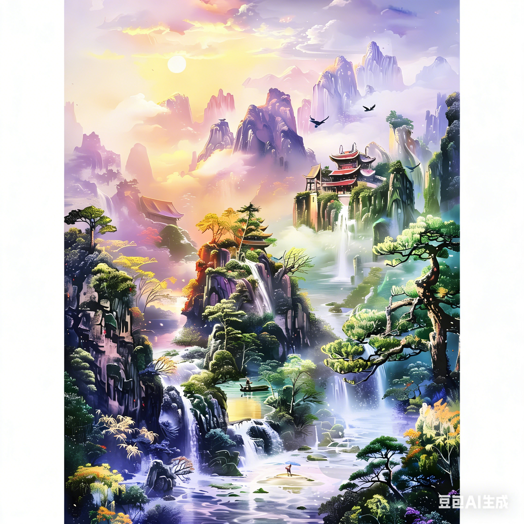 紫气东来中国风意境山水画装饰玄关办公室贴墙门窗贴不干胶贴纸