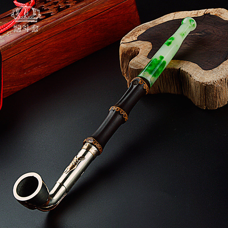 老式烟袋烟斗男士旱烟袋白铜镶花烟锅加长7cm玉石烟嘴旱烟烟斗