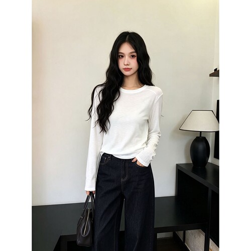 韩系松弛感长袖T恤女J46高弹亲肤内搭圆领打底显瘦百搭外穿上衣