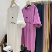 2020夏ins网红情侣装 宽松打底衫 中长款 全棉T恤女紫色短袖 半袖 上衣
