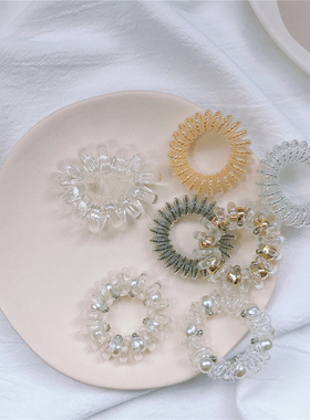 推荐~极简风韩国chic珍珠钉珠气质款少女电话线发圈头绳皮筋