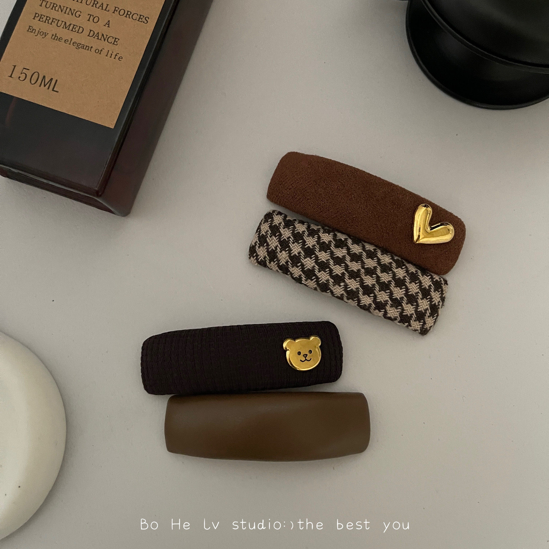 原创设计毛呢棕咖对夹发饰