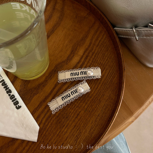 miu系蕾丝~原创设计奶白珍珠对夹一字夹刘海发夹鸭嘴夹少女边夹