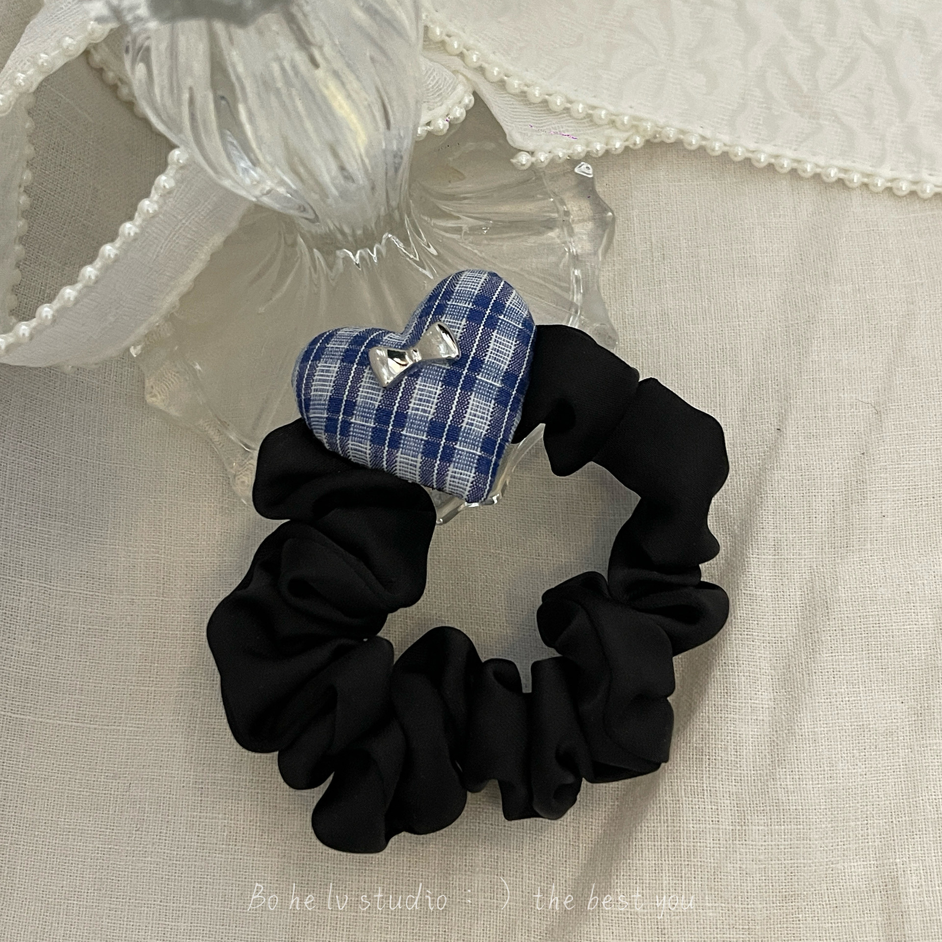 蓝白格爱心发圈洋气好搭皮筋头绳