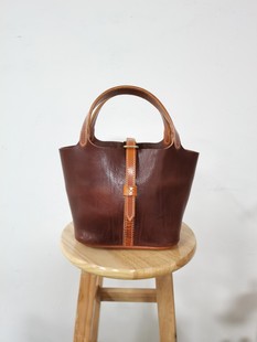 自制植鞣头层牛颈皮水桶包时尚 大气真皮菜篮子女包大容量手提包