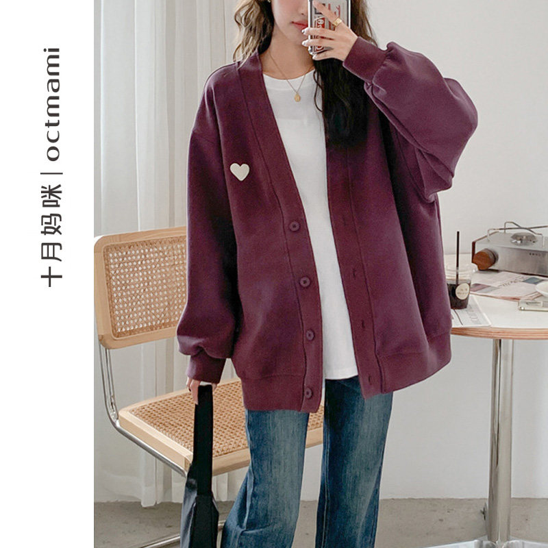 十月妈咪孕妇开衫外套2023新款秋冬怀孕爱心毛衣中长款上衣秋冬装