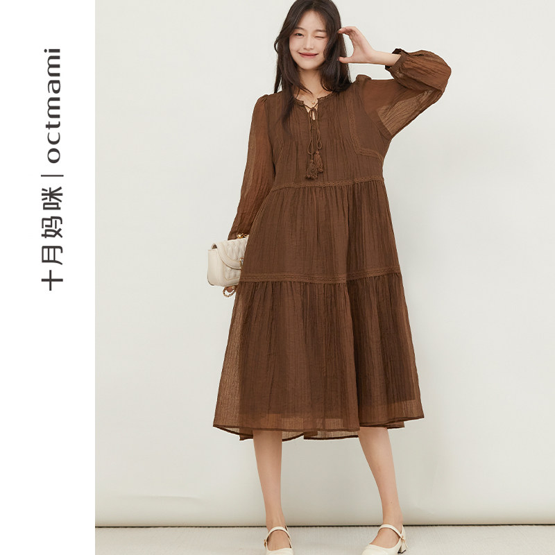 十月妈咪孕妇连衣裙重工压褶秋季外穿褶皱蕾丝边流苏系带长裙秋装
