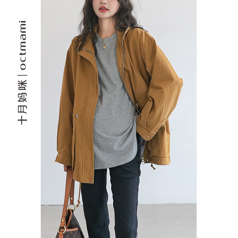 十月妈咪孕妇风衣工装风秋季外穿宽松大码怀孕期长袖翻领外套秋装