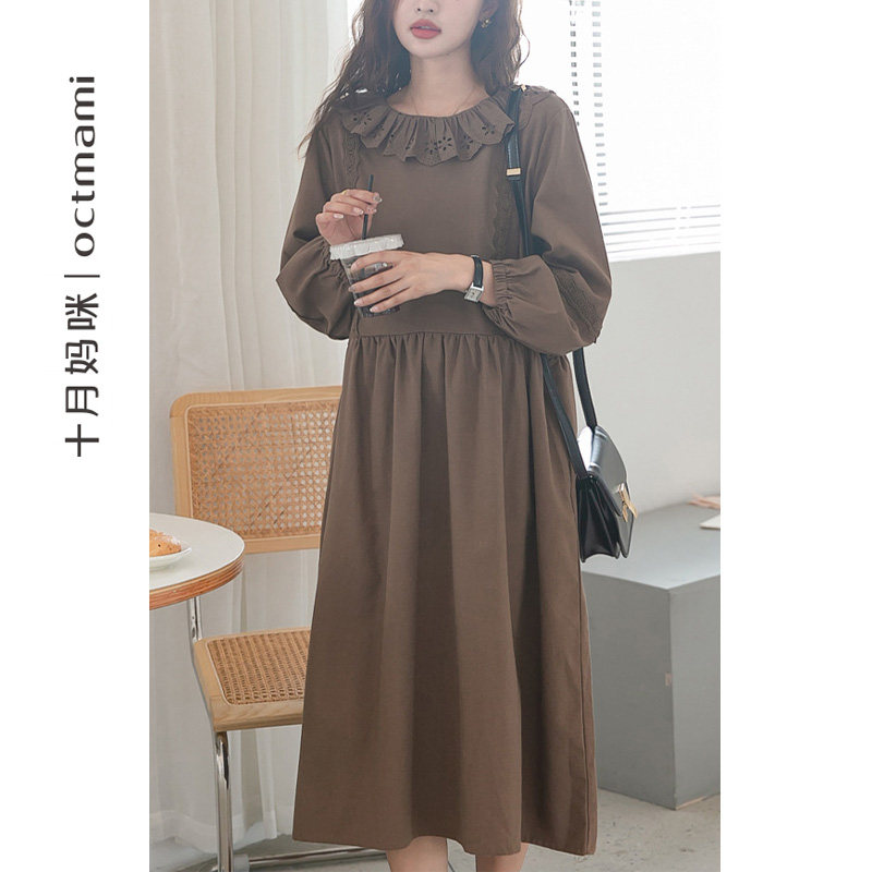 【新品】十月妈咪孕妇连衣裙怀孕休闲外穿花边圆领灯笼长袖裙春装