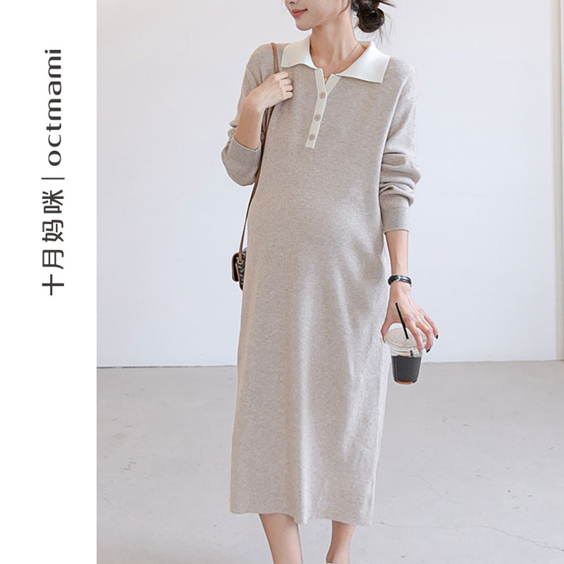 十月妈咪孕妇毛衣裙秋冬外穿中长款翻领针织衫宽松连衣裙秋冬装