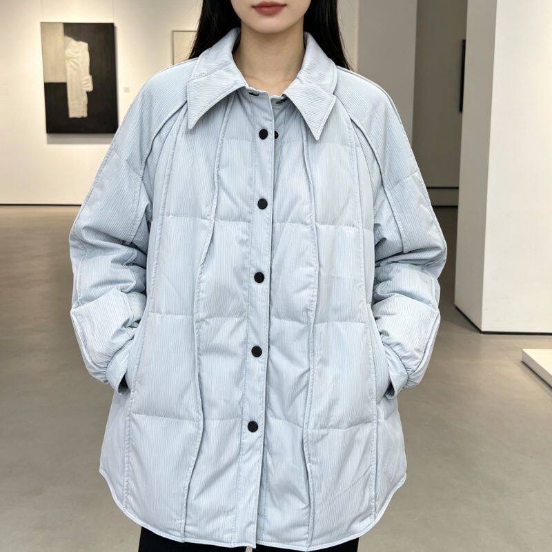 翻领中长款显瘦条纹女羽绒服