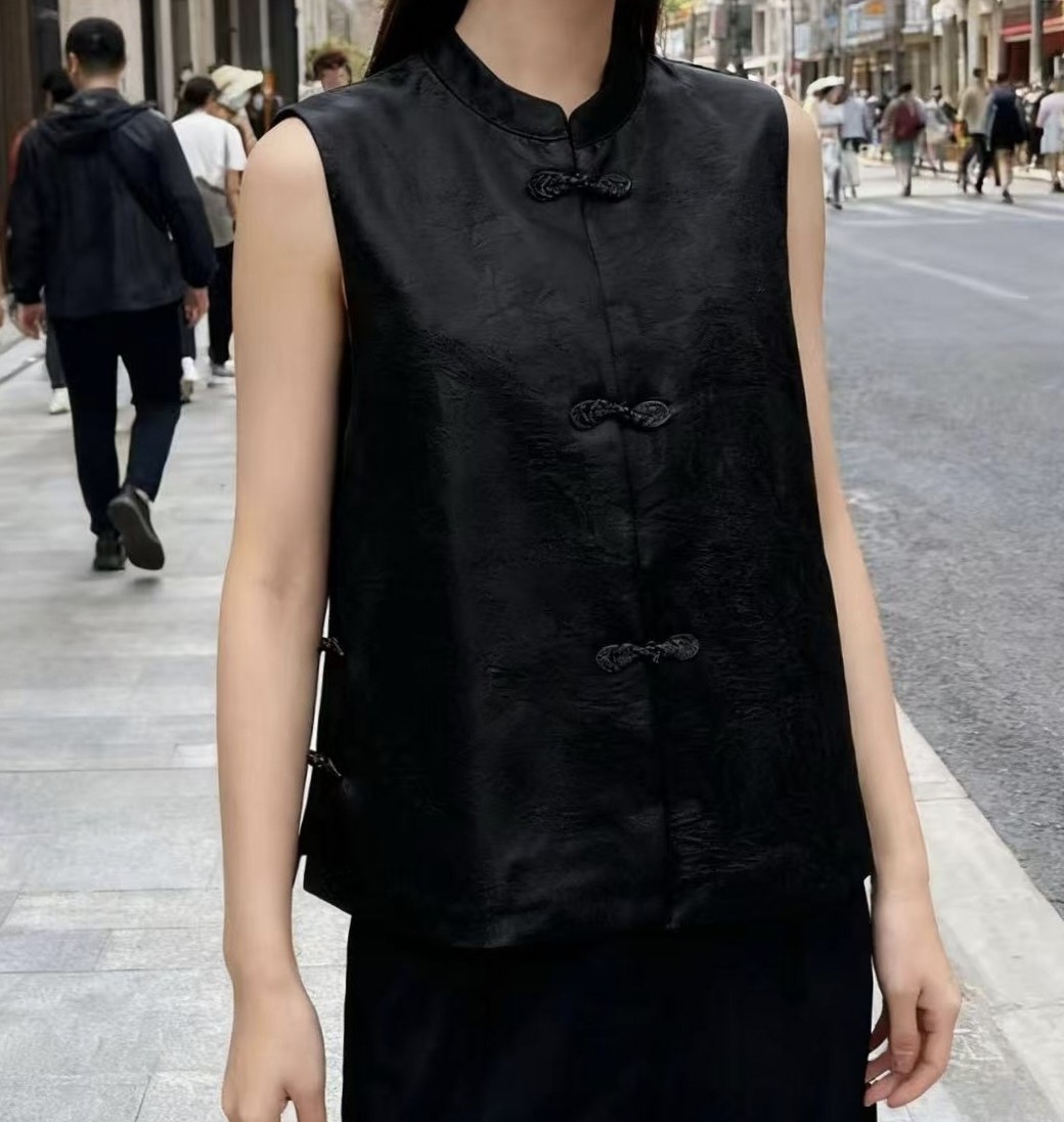 高定醋酸新中式盘扣立领马甲女