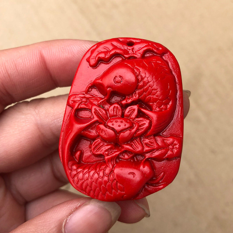 缺水补水项链 天然朱砂双鱼团座吊坠挂件莲花鱼证书