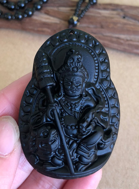 天然正宗黑曜石领头财神吊坠 天王财神爷明王藏教密宗大黑天挂件