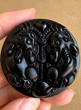 正宗黑曜石双貔貅吊坠