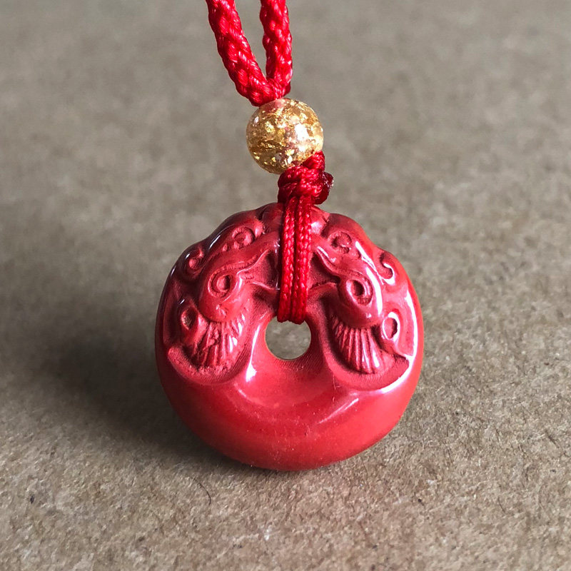 原矿帝王红朱砂双龙护主平安吊坠