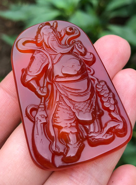 天然红玛瑙武财神关公玉吊坠拿刀忠义关公站二爷玉项链挂件