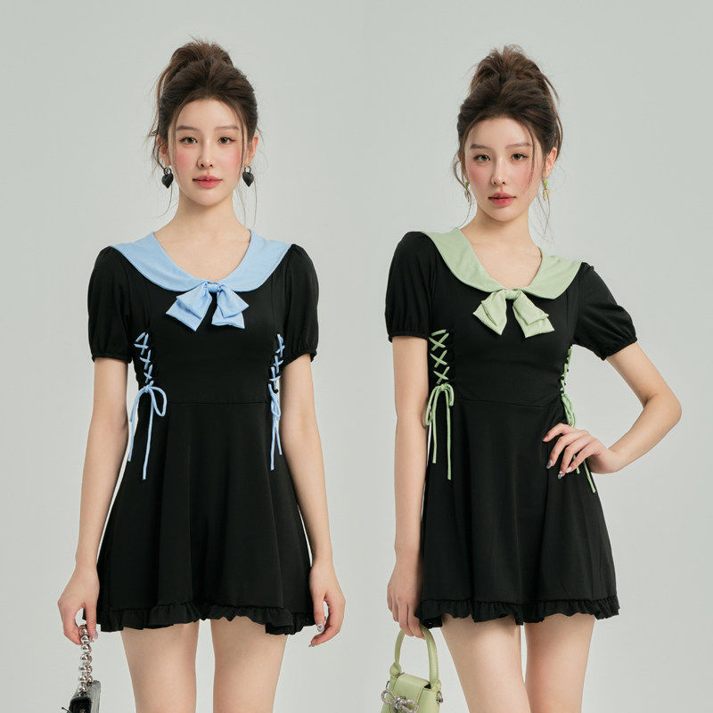 批发日系可爱海军风甜美泳装保守连体泳衣女温泉户外泳衣学院风