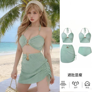 批发新款 三件套比基尼小胸聚拢泡温泉度假 泳衣女纯欲性感分体裙式