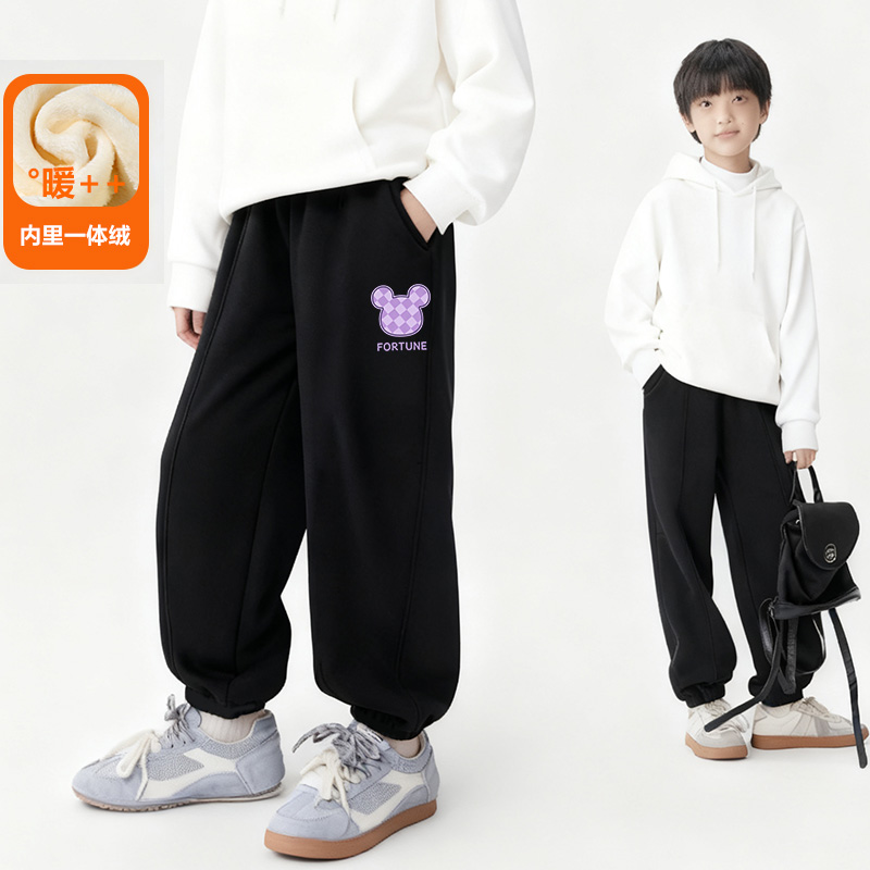 女童裤子加厚一体绒保暖休闲裤子儿童加绒束脚卫裤冬季黑色长裤