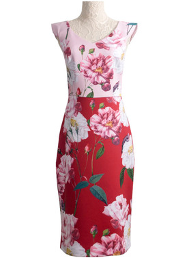 高弹力绚丽印花粉色撞红色包肩袖领中长款旗袍裙包臀弹力连衣裙