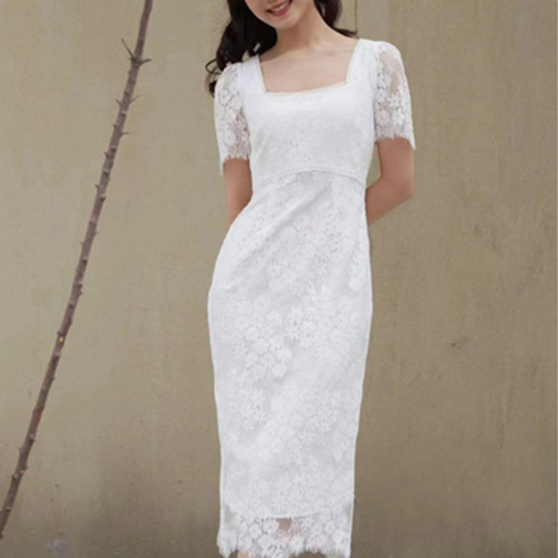 23夏季新款白色蕾丝连衣裙女气质法式方领修身婚礼主持人小礼服裙