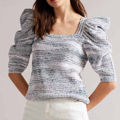 针织套头方领泡泡袖毛衣T恤