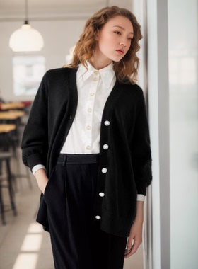 23新品黑色开衫毛衣中长款外套女秋冬绵羊毛钻扣v领宽松外穿毛衣