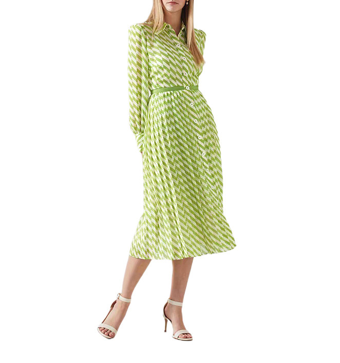 LK2023早秋新款绿色条纹百褶连衣裙长袖衬衫领收腰两件套A字裙