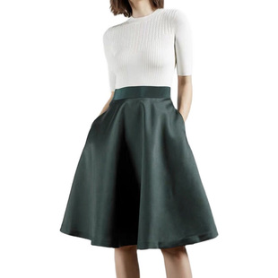 秋冬新款女士修身针织中袖白色拼接大摆连衣裙气质伞裙中长款礼服