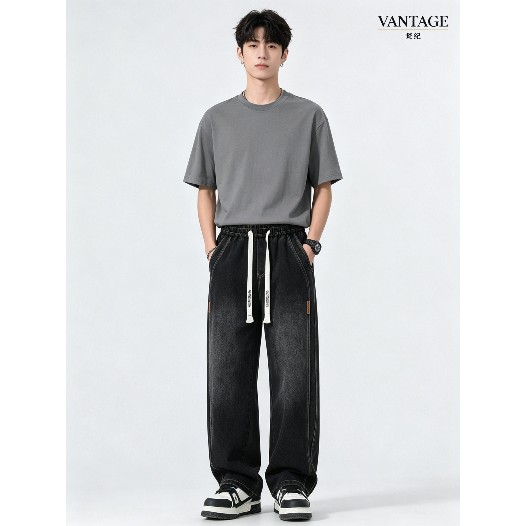 VANTAGE梵纪男装春秋冬款松紧带结绳直筒牛仔裤男款复古做旧宽松