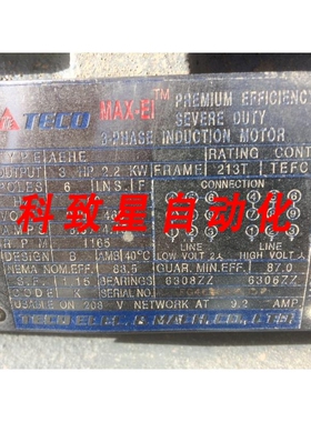 工业配件3HP MAX-E1 重载电机230/460V AEHE 1165 RPM 213T