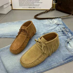 欧货磨砂皮流苏靴子女2023秋季新款复古平底系带豆豆鞋法式乐福鞋