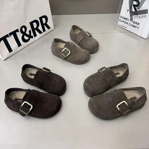 TT&RR磨砂皮博肯鞋女厚底内包跟加绒皮搭扣百搭一脚蹬懒人休闲鞋