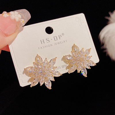 塔兰奢华水晶花耳钉高级微镶锆石S925银针耳饰2022年新款饰品批发