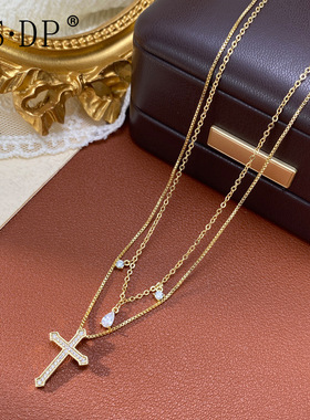 小众时尚简约双层镶钻水滴十字架项链个性轻奢独特设计感颈链批发