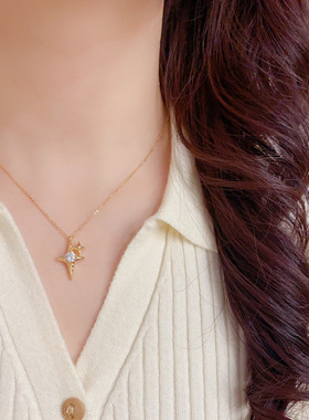 日韩气质金属镶钻芒星吊坠项链个性轻奢百搭高级感超闪锁骨链批发
