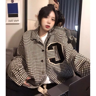 秋冬季新款复古千鸟格字母刺绣翻领宽松夹克衬衫外套女 8628