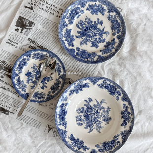 外贸复古青花百灵鸟釉下彩精美陶瓷中西餐餐具深汤盘家用菜盘平盘