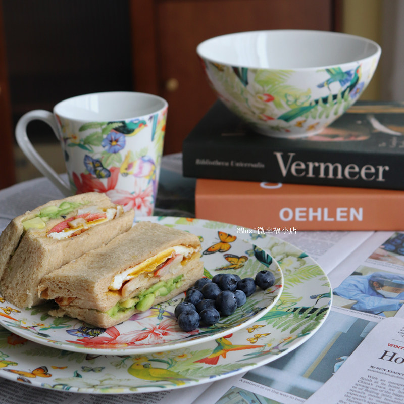 西班牙个性手绘鸟语花香西餐盘杯下午茶蛋糕盘沙拉碗家用装饰摆盘