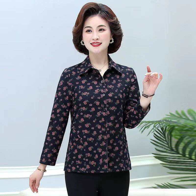 中年春秋装衬衣女长袖洋气花色上衣服中老年妈妈早秋纯棉休闲衬衫